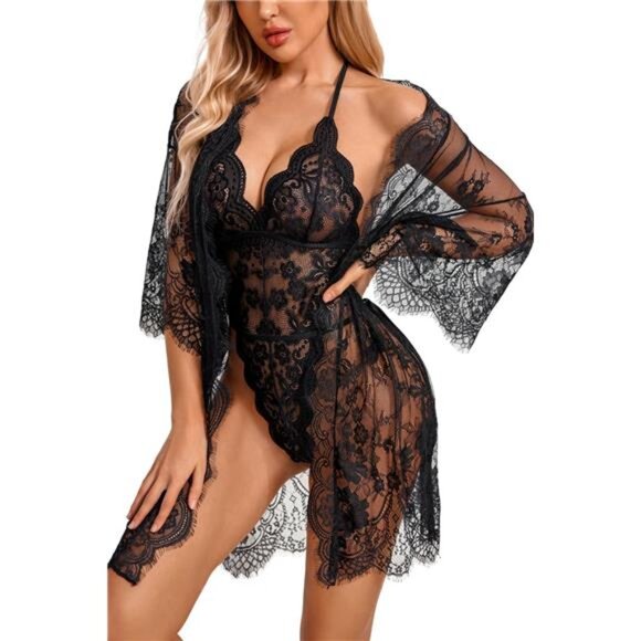 Lingerie Set 2 Piece Lace Kimono Robe with Lace Teddy